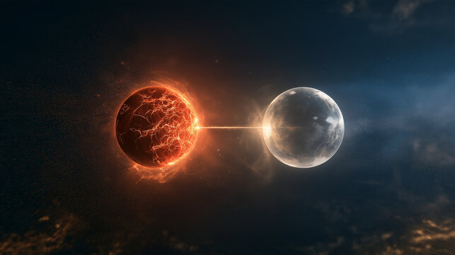 Ancient creation cosmic view, newborn sun and moon, red solar sphere and silver lunar sphere facing, golden light thread like cosmic umbilical cord, deep space nebula background, epic birth commercial