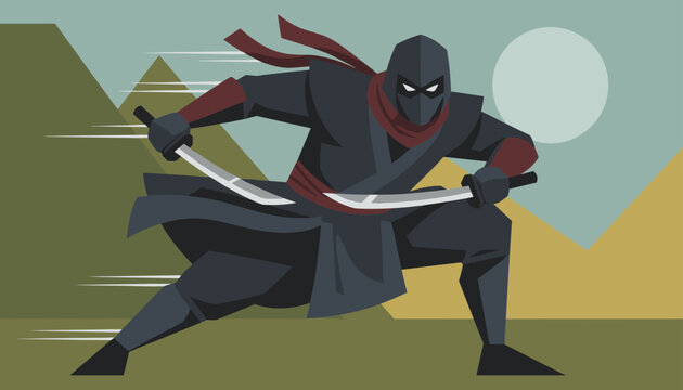 Shadowy ninja warrior running swiftly with two unsheathed swords against a background of mountains and full moon.