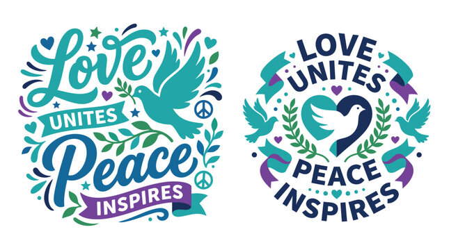 Beautiful peach day vector illustration featuring inspirational quotes about love and peace with decorative floral elements and flying dove silhouettes