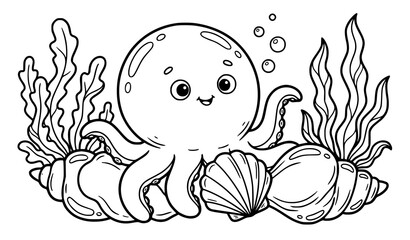 Fototapeta premium Cute Octopus Seabed Scene Coloring Book Illustration