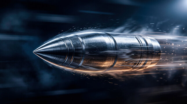 Fast flying metallic bullet projectile motion blurring through air with sharp aerodynamic speed lines during dynamic combat simulation or tactical weapon tests.