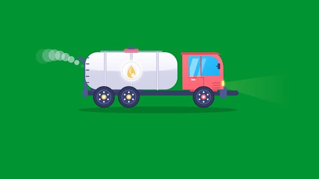 Oil industry fuel tanker truck driving with exhaust smoke puffs and glowing headlights in side view motion on chroma key green background flat 2D cartoon loop