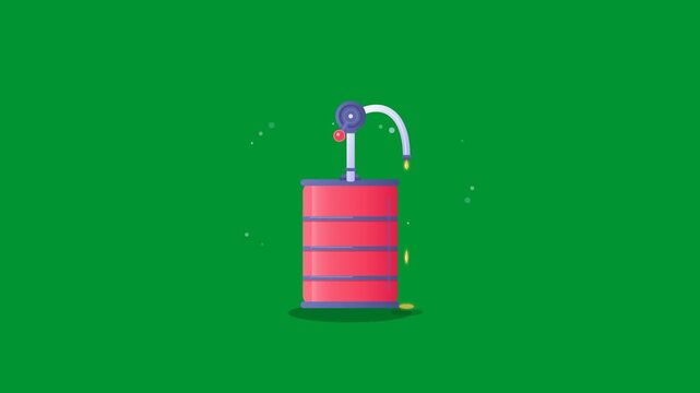 Industrial oil drum barrel with rotating manual hand pump dispensing petroleum drops in a seamless loop on chroma key green background in flat 2D vector style