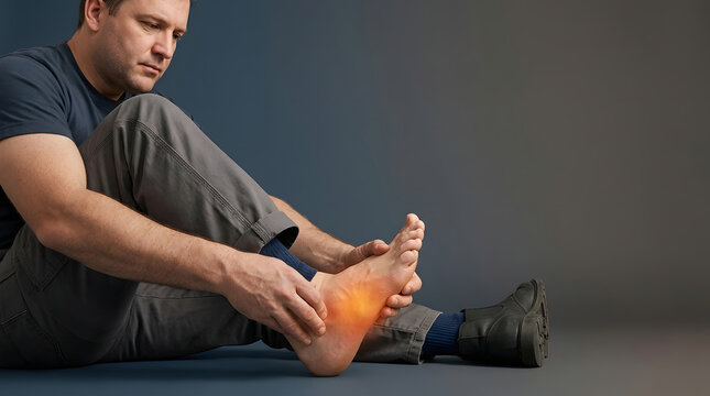 Foot pain man, sitting on floor holding aching heel with red glow indicator, wearing casual clothes and work boots, plain grey studio background, ideal for healthcare marketing and medical ads.