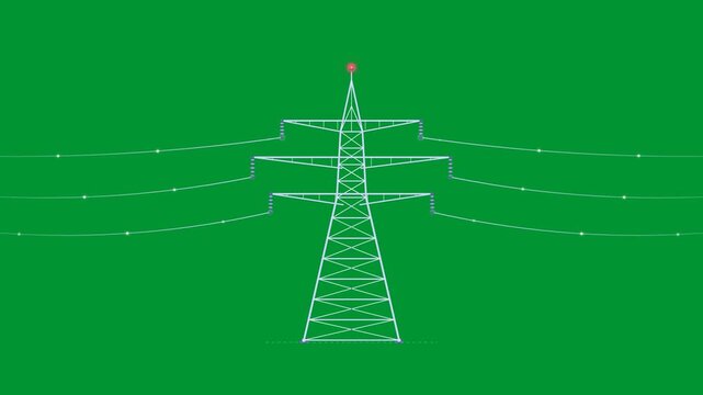 Industrial power transmission towers supplying oil refinery energy grid with animated electricity flow on chroma key green screen background in 2D vector style