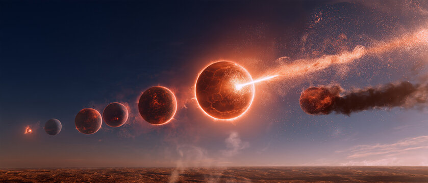 Ancient sun-shooting epic scene, multiple fading red suns floating in deep sky, gilded light arrow piercing firmament, embers and star sparks drifting, cosmic order reshaping visual asset