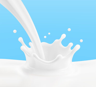 A realistic milk, cream crown splash with scattered droplets mockup. 3d hight realistic editable vector illustration on colour background. Ready layered template for dairy product design. EPS10.