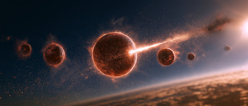 Ancient sun-shooting epic scene, multiple fading red suns floating in deep sky, gilded light arrow piercing firmament, embers and star sparks drifting, cosmic order reshaping visual asset