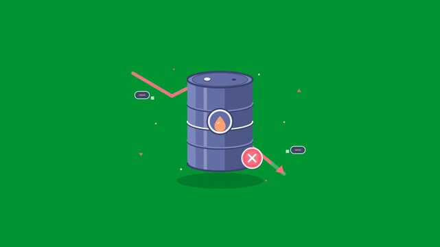 Crude oil industry barrel drum with downward economic price trend arrow floating smoothly in seamless looping animation against green screen background 2D motion graphic