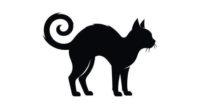Black cat silhouette stands with arched back and curled tail against a white background