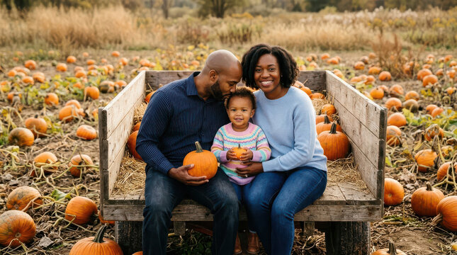 Happy family holding pumpkins together at an autumn farm, with parents and child sitting on a wooden cart in a pumpkin patch, celebrating Halloween, fall harvest, family bonding and seasonal fun