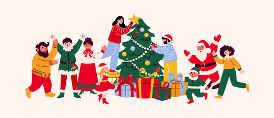 Naklejka premium Happy family and Santa Claus decorating a Christmas tree with presents around. Illustration for winter holiday party invitation, banner, and New Year greeting card.