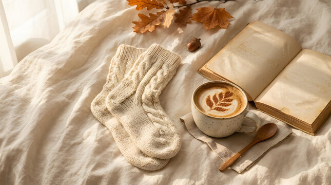 Autumn flat lay with knitted socks, coffee and book on bed