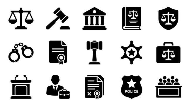 Legal and justice system icons set with handcuffs document attorney certificate briefcase