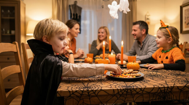 Family celebrating Halloween together at a candlelit dining table at home, with a young boy in dark costume in the foreground, pumpkin cookies, jack-o'-lanterns, and festive spooky decorations