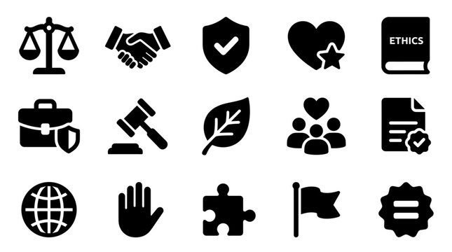 Solid black ethics and legal compliance icon set showing corporate values and standards