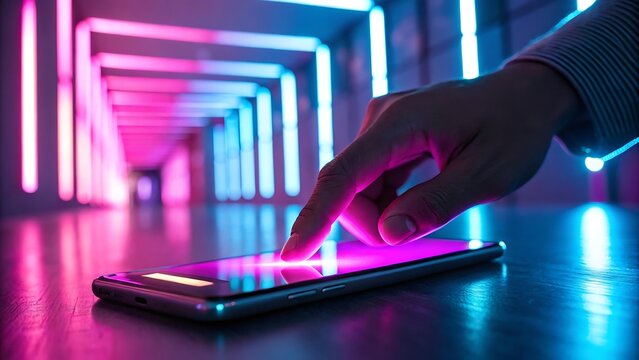 Person touching smartphone screen in a futuristic neon lit corridor