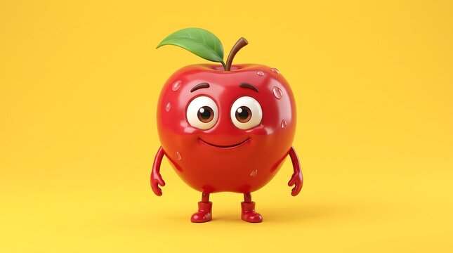 Cheerful red apple cartoon character, cute smiling fruit mascot with big eyes, friendly 3D apple illustration on yellow background