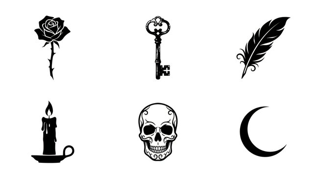 A collection of spooky halloween symbols including roses keys feathers candles skulls and crescent moons evoking a