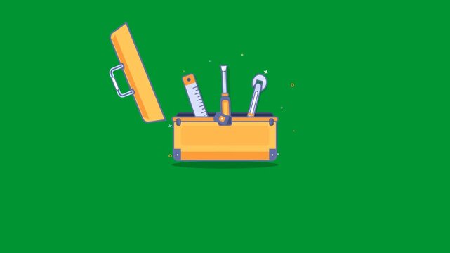 Oil industry maintenance toolbox with wrench screwdriver and ruler opening and shimmering in looping 2D graphic animation on solid green screen chroma key background