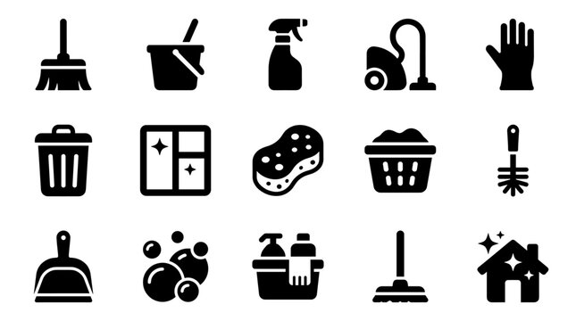 Household cleaning and sanitization supply icon collection with cleaning household supplies