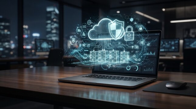 Laptop displaying cloud computing and cybersecurity network protection hologram in office