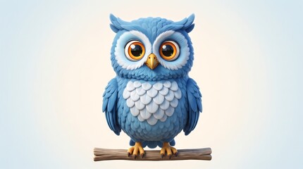 Obraz premium Cute blue owl character on branch, 3D clay style bird illustration, whimsical feathered owl mascot for children's decor and nursery art