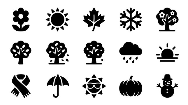 Collection of fifteen flat solid black seasonal and weather themed icons with snowflake