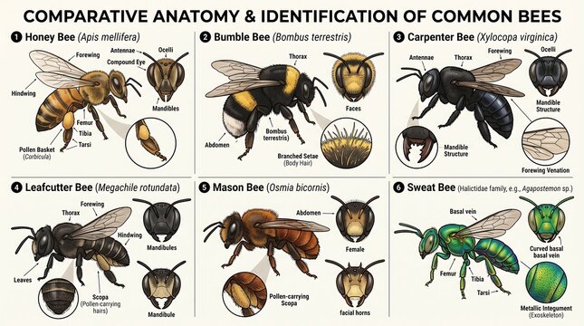 Educational bee anatomy and identification chart, comparative insect species poster, scientific honey bee and bumble bee diagram