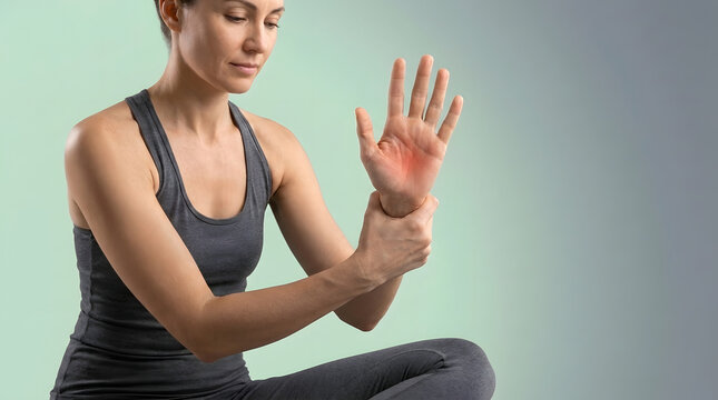Wrist pain woman, holding aching hand with red inflammation glow, wearing athletic grey tank top and leggings, against neutral green grey gradient studio background, ideal for healthcare ads, health.