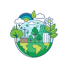 Obraz premium Colorful vector illustration of Earth surrounded by green leaves, sun, and clouds, representing environmental day and sustainability, Environmental day vector illustration