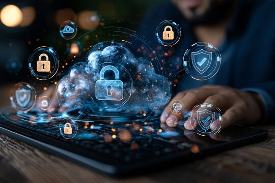 Person interacting with a digital interface showing cloud computing security and data protection