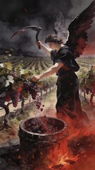 Fototapeta premium Angel reaping a harvest of grapes with a sickle in a vineyard for the biblical apocalypse. Dark artistic illustration of the Last Judgment prophecy from the Book of Revelation.
