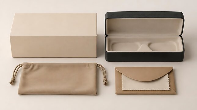 Luxury eyewear packaging collection including premium hard case, microfiber drawstring pouch, cleaning cloth, and gift box in neutral beige and black tones for brand branding and retail presentation.