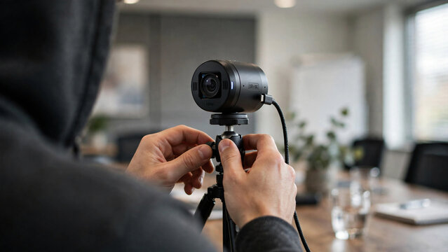 Person adjusting webcam on tripod for video call