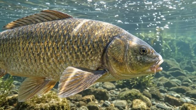 Large Common Carp Fish Swimming in Clear Freshwater Underwater