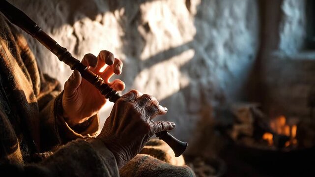 Close-up of the hands of an elderly musician playing the bagpipes in an old stone room. The warm light of the fire creates an atmosphere of coziness and folklore tradition