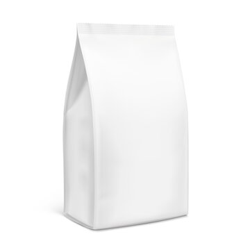 Blank flexible food packaging stand gusset bag mockup for design, branding, presentation of food products. Half side view. 3D hight realistic vector illustration isolated on white background. EPS10.