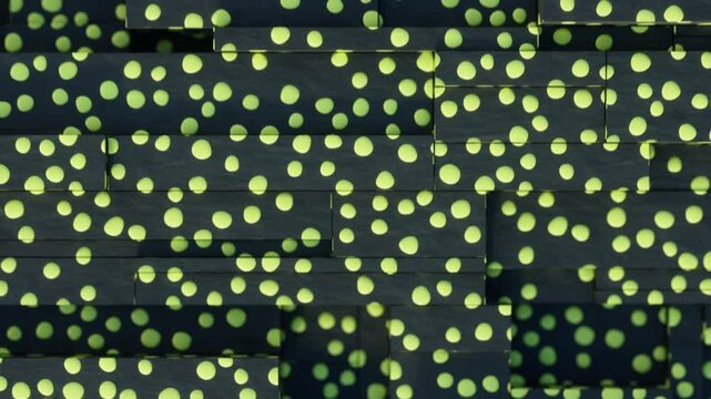 Abstract background with moving cubes shapes and green dots texture pattern. Seamless loop fast animation with camera shifts focus, 3d render 