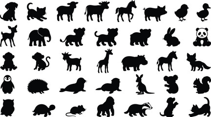Obraz premium Set of various animal silhouettes including domestic pets, farm animals, and wildlife isolated on a white background