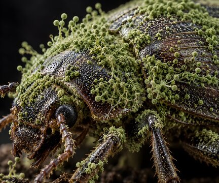 Macro visualization of Metarhizium anisopliae biofungicide spores infecting a beetle, used for biological insect control.
