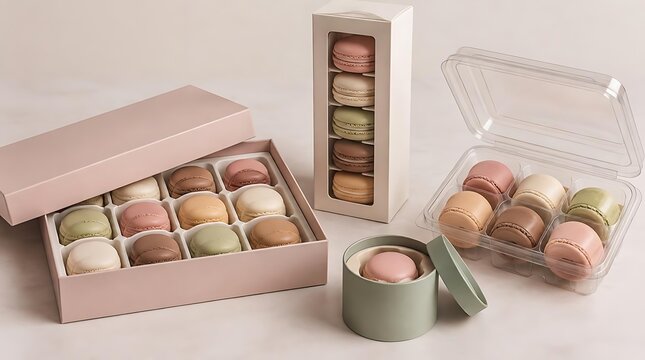 Assorted colorful French macarons elegantly presented in various gift packaging boxes including pink cardboard, tall window carton, and clear plastic containers on a clean surface.