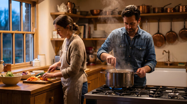 Two adults cook together in a warm rustic kitchen, one stirs a steaming pot on a gas stove while the other prepares chopped vegetables.