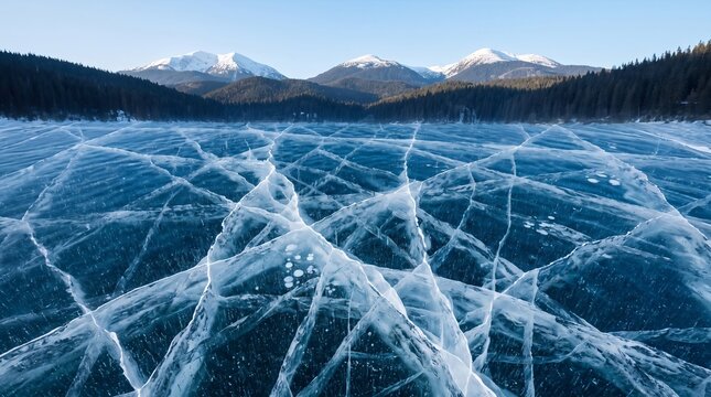 Blue ice surface covered with intricate cracks, frozen mountain lake beneath clear winter sky, pine covered hills