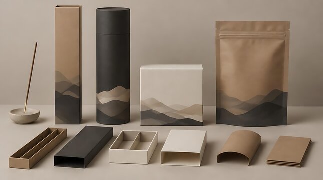 Minimalist product packaging set with mountain landscape branding, including boxes, tubes, and pouches in earthy tones for organic tea or luxury skincare branding mockups.