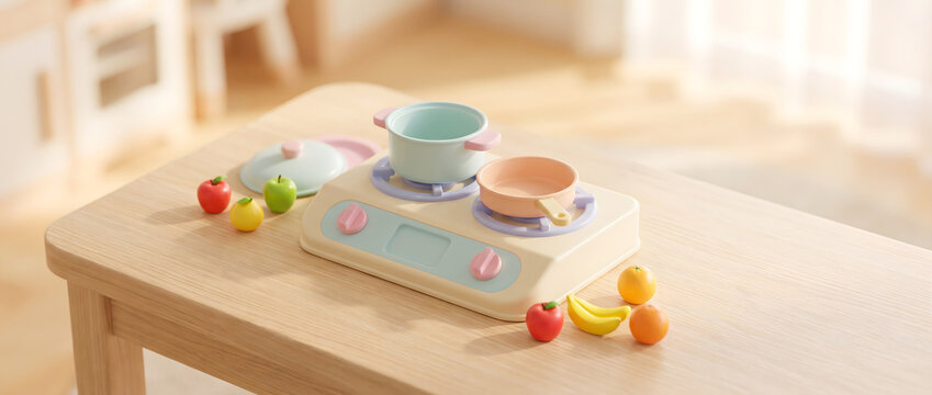 A pastel-colored children's play kitchen set with toy pots, pans, and play fruits arranged on a light wooden table.