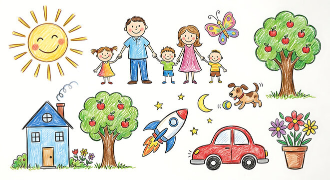 Cute kids drawing set, hand drawn family with children, house, tree, car, rocket, sun, and dog crayon artwork isolated on white background
