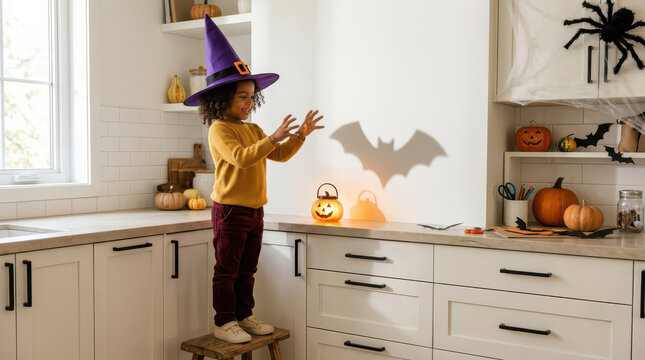 Child dressed as a Halloween witch playing in a cozy kitchen, wearing a pointed purple hat and colorful costume, surrounded by pumpkins, spider decorations and spooky seasonal ornaments at home