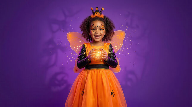 African American child in a whimsical Halloween fairy costume with colorful crown, glowing orange dress and wings, smiling against a purple magical background in a festive spooky seasonal scene