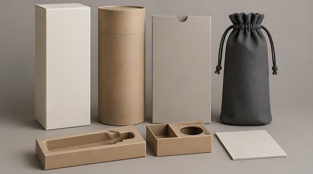 Minimalist blank packaging mockup set featuring cardboard boxes, cylinder tube, drawstring pouch, and product inserts in neutral tones on grey background for branding identity presentation.